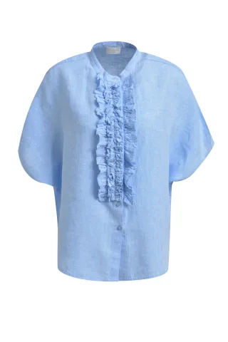 Milano Italy - oversized 1/2 sleeve blouse w stand up collar + ruffled placket light blue - Gr. - 42