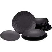 CreaTable Tafelservice Teller Set, Geschirr-Set Vesuvio (12-tlg), 4 Personen, Steinzeug, Service, schwarz, ausdrucksstarkes Relief, 12 Teile, für 4 Personen