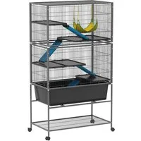 PawHut Kleintierkäfig Nagerkäfig Frettchenkäfig mit ausziehbarem Tablett, mit Zubehör für Eichhörnchen, Zwerghamster, Dunkelgrau