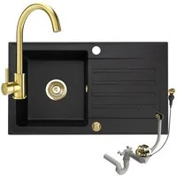Faizee Möbel Granitspüle Granitspüle 76x44 und Armatur Gold Küchenspüle mit Siphon, Rechteck, 75/45 cm