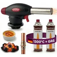 Unilite Flambierbrenner Gasbrenner Lötbrenner Set mit 2 x 227g Gaskartuschen, (3-tlg), 1300W, 1300°C, Piezozündung, MSF-1A-Kompatibel