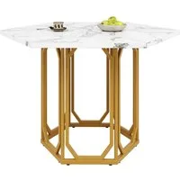 Refined Living Esstisch Sechseckiger Esstisch mit Marmormuster, Küchentisch, Frühstückstisch (Wohnzimmertisch 110 × 95 cm, Marmor-Optik Tisch, Esstisch Metallbeine Gold, Esszimmer Tisch Stilvoll, Tisch mit verstellbaren Füßen, Robustes Metallgestell,