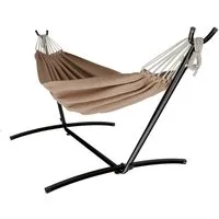 GARMIO Hängematte mit Gestell, 200kg Belastbarkeit, 270x110x105cm (inkl. Zubehör & Tragetasche, mit Kordeln, in Braun, mit Stahlgestell, klappbar), Pflegeleicht, 270 x 110 x 105cm