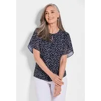 GOLDNER Kurzarmbluse Chiffonbluse Damen mit Tupfen-Alloverprint und Rundhalsausschnitt Elegante Bluse Damen, Blau, grafisch, Halbarm, Jerseyanteil