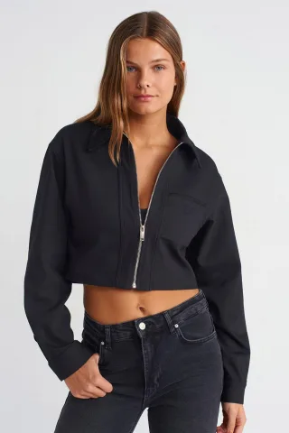 Damen Cropped Popeline Zip-Jacke