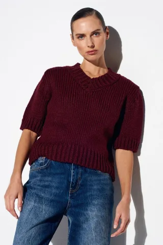 Damen V-Ausschnitt Ripp-Strickpullover
