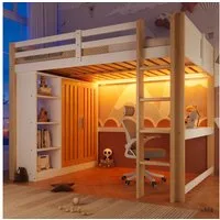 Merax Hochbett mit LED-Beleuchtung (Jugendbett Holzbett, 1-St) Kiefernholz Kinderbett 140x200cm mit Kleiderschrank Regal Schreibtisch