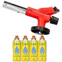ZMC Flambierbrenner Bunsenbrenner Grillanzünder Lötlampe mit 4 Gaskartuschen 227g MSF-1a, (Einstellbare Flamme, Piezo-Zündung, Kohleanzünder Flambierbrenner Butangasbrenner Butangas Gaskartusche), Brenneraufsatz Gasbrenner Flambiergerät Lötbrenner Ga