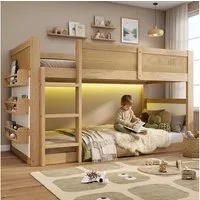 Flieks Etagenbett, LED Hochbett Kinderbett 90x200cm mit Ablage, Leiter, oberem Lattenrost