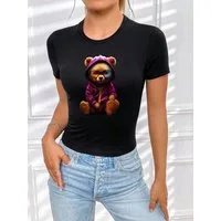 RMK Print-Shirt Damen T-Shirt Top Sommer Rundhals süßer Teddybär Bär Brille aus Baumwolle