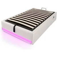 SOFTWEARY Futonbett mit LED-Beleuchtung und Aufbewahrung (mit Mehrfachsteckdose, 90x200 cm), Einzelbett ohne Kopfteil, Leinen