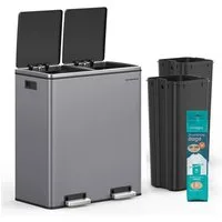 SONGMICS Mülleimer 2 Fächer, Mülltrennsystem, Treteimer, Abfalleimer Küche, 15 Müllsäcke, 2x30L, Inneneimer aus Kunststoff, Klappdeckel, Softclose, luftdicht