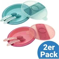 MiaMia Teller Grün & Pink, Babyteller Kinderteller zum Mitnehmen inkl. Kinder Besteck 2er Pack