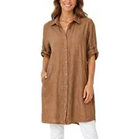 dy_mode Longbluse Damen Leinen Longbluse Sommer Hemdbluse Blusenkleid Luftige Tunika in Unifarbe, mit Knopfleiste