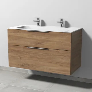 Sanipa 3way Keramik-Set Finion Keramik-Doppelwaschtisch und Unterbau mit 2 Auszügen, Eiche-Kansas UM40359