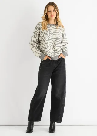 Grau Kontrast Zebra Tier Strickpullover