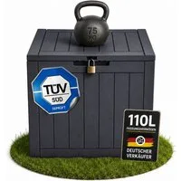 ONDIS24 Gartenbox City Cube Holzoptik Kissenbox Poolbox Sitztruhe 110L, UV,- und witterungsbeständig, abschließbar