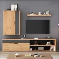 KLAM HOME Wohnwand Moderne TV-Wohnwand in Holzfarbe & Schwarz, Elegantes Design, (3-teiliges Komplett-Set mit TV-Board, Standregal & Wandregal), Platzsparendes Design 140x35x39 cm, Ideal für jedes Wohnzimmer
