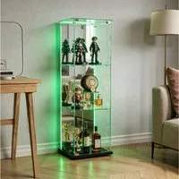 Simurq Glasvitrine Standvitrinen mit LED Beleuchtung, 3 Lagen Vitrinenschrank mit Glastür (1-St, Glas Vitrine mit 1 Glastür und 3 Lagen, Glasschrank mit Schloss) Sammlervitrine für Sammlerstücke, Modernes rahmenloses Design