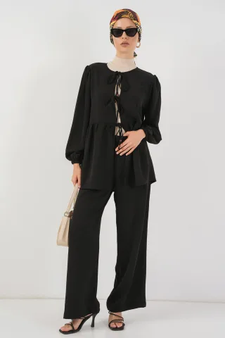 Crew-Neck Lange Tunika und Weitbeinige Hose Set