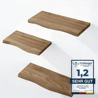 LAMO Manufaktur Wandregal LAMO Manufaktur 3 Stück Wandregal aus Holz 42/36/30cm, Schweberegal Massiv 100% Echtholz, Wandregale SET 1 Baumkante Farbe: Nussbaum