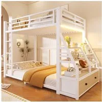 Flieks Etagenbett, Metall Kinderbett 90x200cm mit LED-Beleuchtung und seitlichem Stauraum