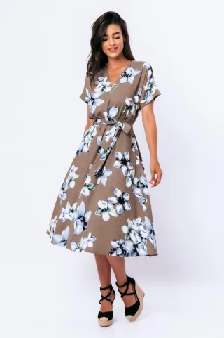 Midi-Kleid im Leinenstil mit Blumenmuster und Gürtel