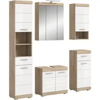 welltime Badmöbel-Set SIENA, 5 teilig, inklusive LED Beleuchtung, bestehend aus:, (Set, 5-St., TOPSELLER), Hochschrank, WBU, Spiegelschrank, Unterschrank, Hängeschrank