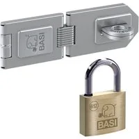 BASI Sicherheits-Stallriegel Sicherheitsüberfalle, Sicherheitsüberfalle 1 Gelenk - inkl. VHS 612 Vorhangschloss, (Spar-Set), mit Vorhangschloss, 1 Gelenk und Öse, Länge: 150 mm