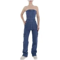 Ital-Design Jumpsuit Stylischer Utility-Jumpsuit mit Taschen für Damen (89550879) Used-Look Stretch Langer Jumpsuit in Blau
