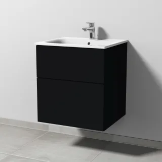 Sanipa 3way Waschtischunterbau zu Geberit Renova Plan Slim Waschtisch mit 2 Auszügen, Schwarz-Matt SF68508