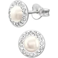 Limana Perlenohrringe Damen Ohrringe 925 Silber runde weiße Ohrstecker mit Perle 8mm, Damenschmuck kleine runde Damenohrringe mit Zirkonia für jeden Tag
