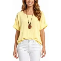 dy_mode Kurzarmbluse Damen Kurzarm Bluse Leichte Sommer Tunika Baumwollbluse Oberteil in Unifarbe, mit passende Kette