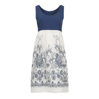 Elegantes ärmelloses A-Linien-Kleid mit besticktem Rock - Blau und Weiß