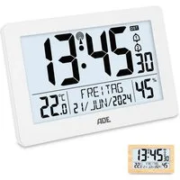 ADE Funktischuhr Digitale Tischuhr Wecker mit Thermometer und Hygrometer 2 Weckzeiten, ausgeschriebener Wochentag, zum Hängen oder Stellen