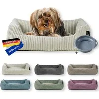 Rohrschneider Tierbett Hundebett Cord für kleine Hunde mit waschbarem Bezug inkl. Futternapf, antiruschbeschichtete Unterseite