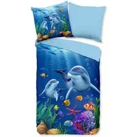 PURE luxury collection Kinderbettwäsche Mare, Microfaser, 2 teilig, Mikrofaser, 135x200, Pflegeleicht, Wendeoptik, Kind, Delfin Meer, Blau