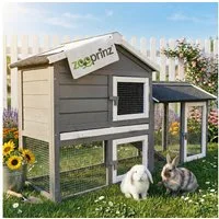 Zooprinz Kleintierstall Dream Grey mit Auslauf 146x86x50 cm (BxHxT), Kotschublade aus Metall, Lasiertes Kieferholz, Klappdach