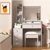 GLIESE Schminktisch Frisierkommode mit Hocker Set (mit praktischem Föhnhalter, 1 × Schminktisch, 1 × Schminkhocker), mit LED-Spiegel, 6 Fächer, 5 Schubladen