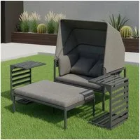Melko Gartenlounge-Set Sonneninsel inkl. Sonnendach Strandkorb Sonnenliege Aluminium Grau, (wetterfest, resistent gegen Regen, Salzwasser und intensive Sonneneinstrahlung, 3-tlg., inkl. 2 extra dicke und weiche Kissen inkl. Reißverschluss), 2 Beistel