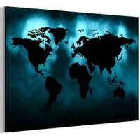 MuchoWow Metallbild Weltkarte - Schwarz - Blau, Inkl. Aufhängung, Wohnzimmer Dekoration aus Alu, Industrial, Metallbilder, 30x20 cm