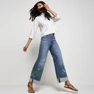Soft Denim Bestickte Jeans mit weitem Bein, Damen, size: regular, Blau, Elasthan/Baumwoll-Mischung, by Lands' End