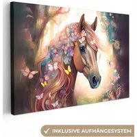 OneMillionCanvasses® Leinwandbild Pferd - Natur - Blumen - Schmetterlinge - Wald, Fotodruck (1 St), Leinwand Bilder Klein, Wand Dekoration Aesthetic 30x20 cm