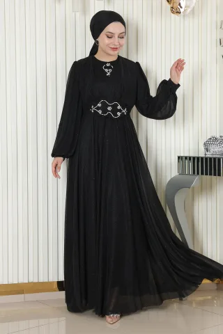 Perlen Detailed Drapiert Glitzernd Abendkleid Schwarz
