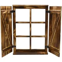 UNUS HOME Wanddekoobjekt Deko-Fenster Sprossenfenster mit Fensterläden (63x4x45cm), Holz geflammt, Holzfensterrahmen, Dekofensterrahmen, Dekofenster