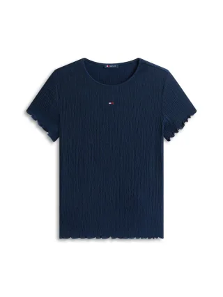 Tommy Jeans - Gesmoktes Slim Fit T-Shirt aus Seersucker blau - Gr. - S