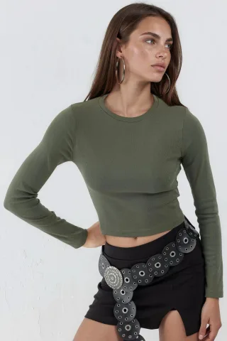Slim Fit Langärmliges Cropped Top mit Rundhalsausschnitt