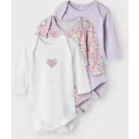 Name It Langarmbody NBFBODY für Mädchen mit Herzprint und weicher Baumwolle (Packung, 3-tlg) bedruckt, regular fit, Baumwolle, amerikanischer Ausschnitt