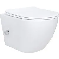 Aloni Tiefspül-WC Dusch Taharet Bidet-Funktion spülrandlos Armatur & Softclose-Sitz Weiß, Wandhängend, Abgang Softclose mit Absenkautomatik, Edelstahl-Hygienedusche mit integrierter Kalt-/Warmwasserarmatur
