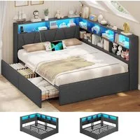 MSMASK Polsterbett mit LED-Beleuchtung & Ladestation, 9 Staufächern & 2 Schubladen, Grau (1-tlg), LED-Beleuchtung, USB-Ladestation, gepolstertes Kopfteil